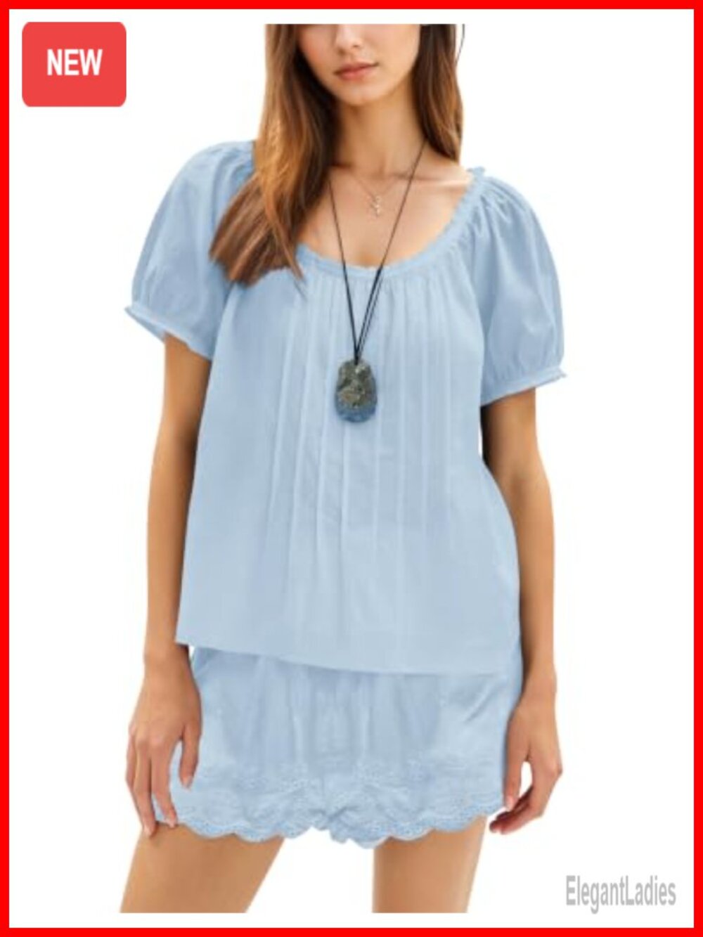 Fameetor Cotton Babydoll Blouse & Lace Shorts Set Women Puff Sleeve